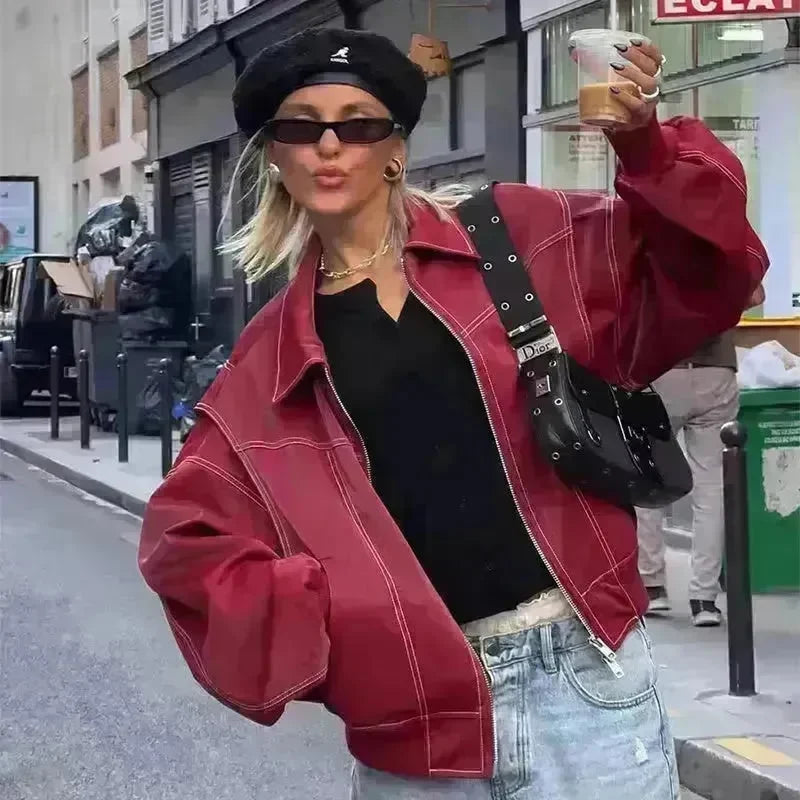 Oversized Fashion Zip-up Lapel Leather Jacket for women - EX-STOCK CANADA