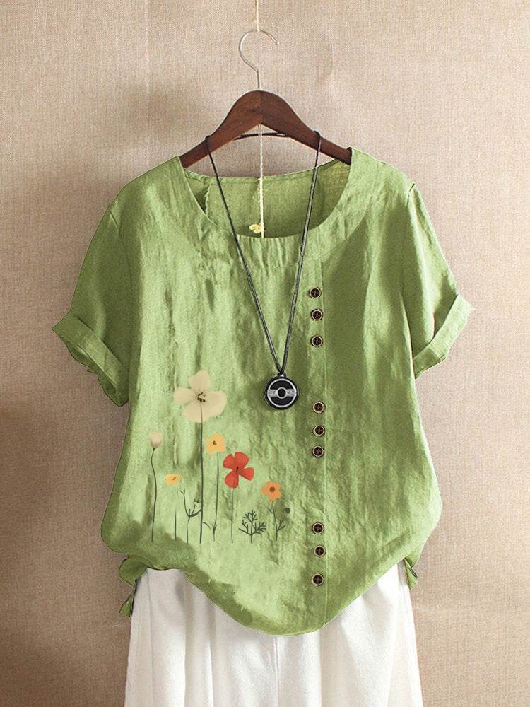 Casual Summer Beach Cotton And Linen Printed Elegant Short Sleeve blouse Top Women - EX-STOCK Canada