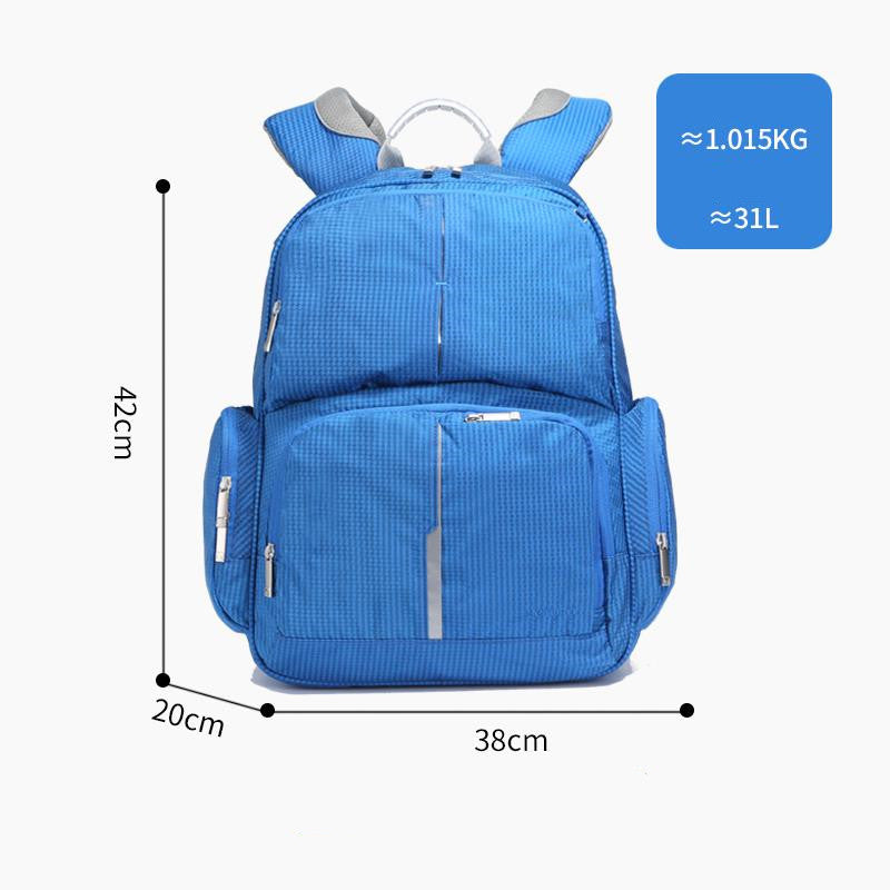 Blue backpack with measurements and weight displayed on a white background