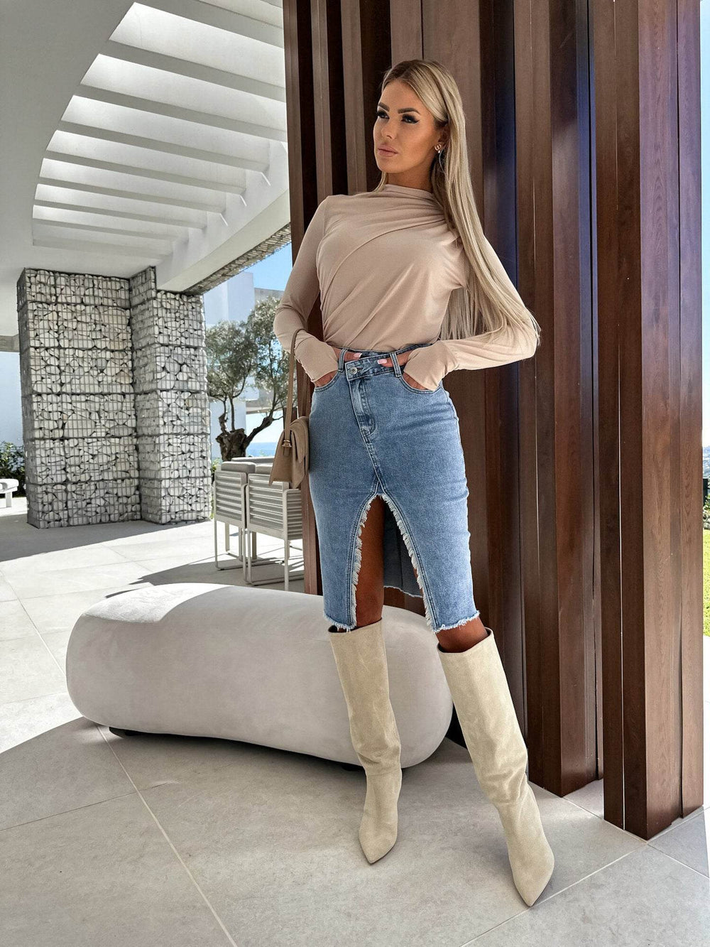 Fashion Solid Front Split Midi Denim Skirt - EX-STOCK Canada