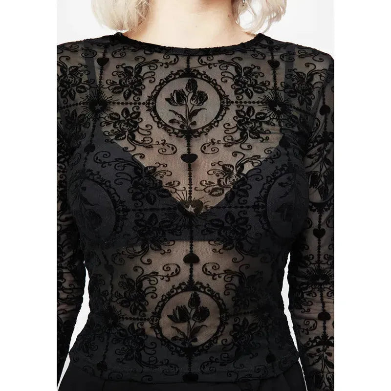 Elegant Slim-fit Tulip Flocking transparent lace top bodycon top women - EX-STOCK CANADA