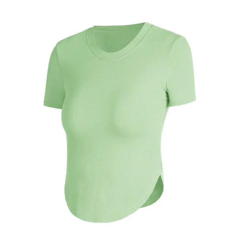 Rib Sports Short-sleeved Blouse With Chest Pad Workout Clothes Running T-shirt Beauty Back Tight - EX-STOCK CANADA