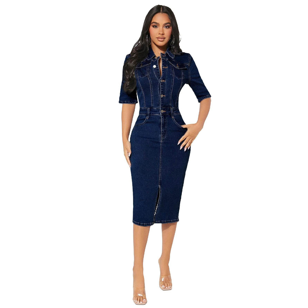 Women's Fashion Personality fitted Denim Hip-wrapped Jeans Midi straight cut front split Dress - EX-STOCK Canada