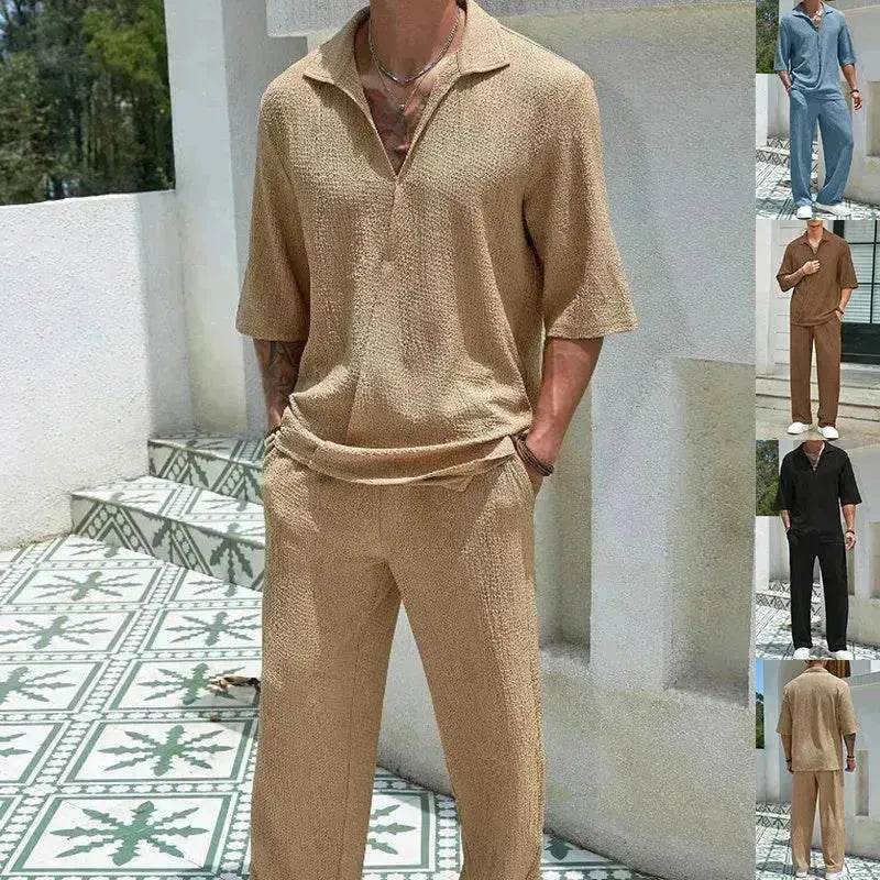 Men's Casual summer 2 piece Pant sets Short sleeved Top and Straight leg pant - EX-STOCK Canada