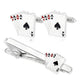 Cufflinks and tie clip set with playing card design on a white background