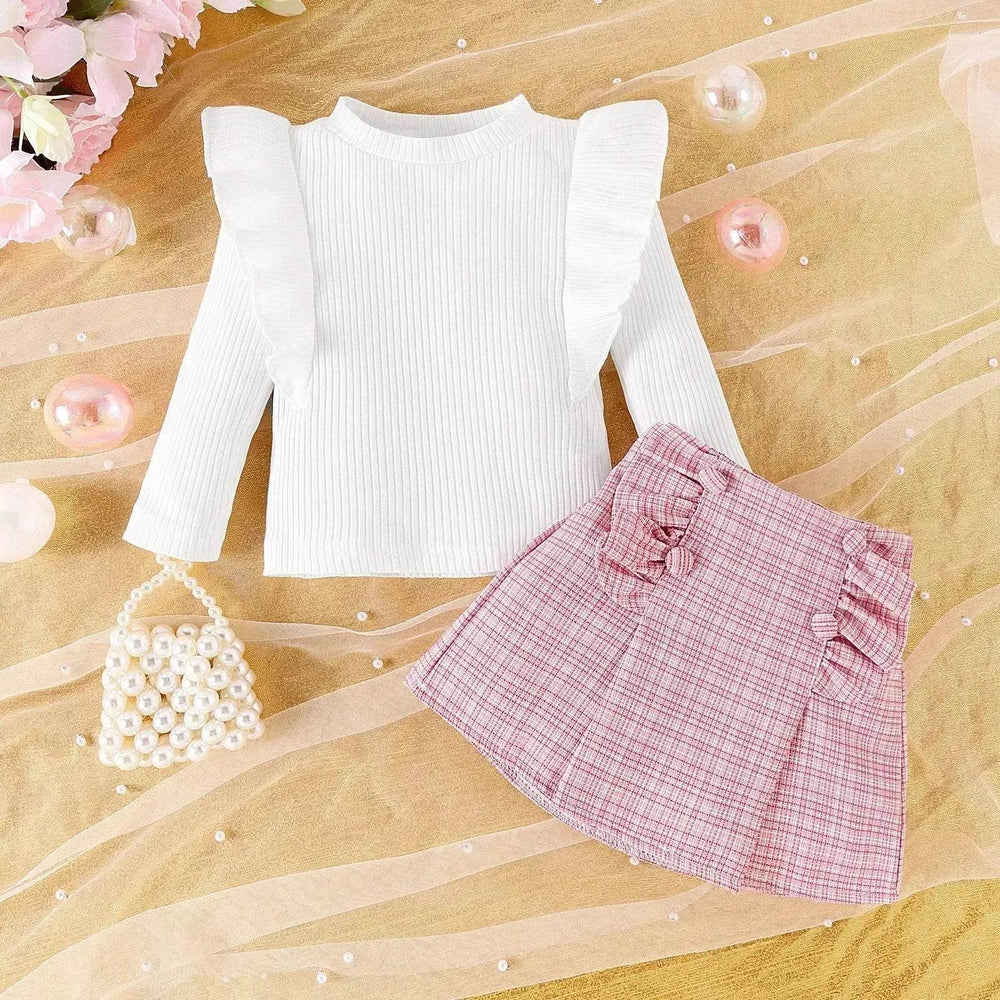 Newborn baby girl Cross-border Sunken Stripe Long Sleeve Classic Style Plaid Short Skirt Two-piece Set for baby girl - EX-STOCK Canada