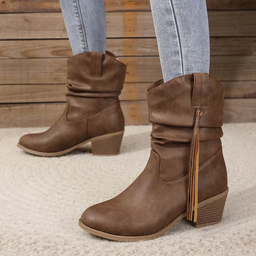 Retro Tassel Boots Winter Thick Square Heel Mid-calf Knight Western Boots Woman Fashion Shoes - EX-STOCK Canada