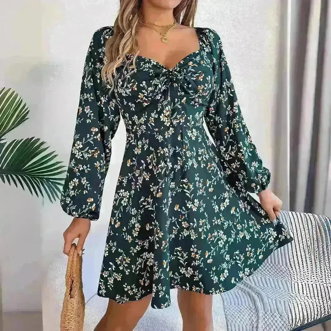 Casual Summer Floral Mini Dress Lantern Sleeve  Skater Dress - EX-STOCK CANADA