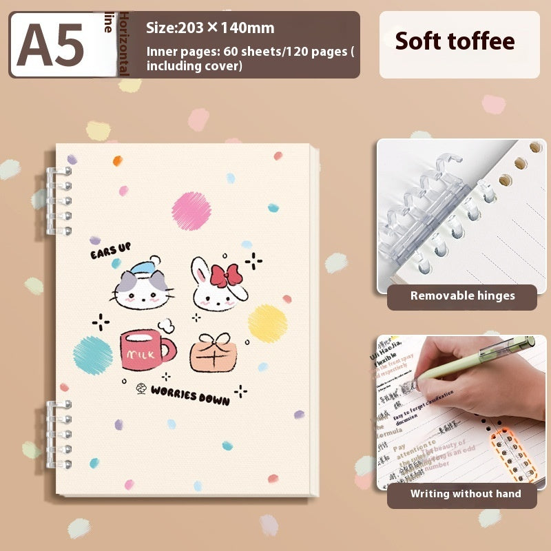 A5 size soft toffee notebook with cute cartoon illustrations of a cat and rabbit, shown alongside feature callouts for removable hinges and writing comfort.