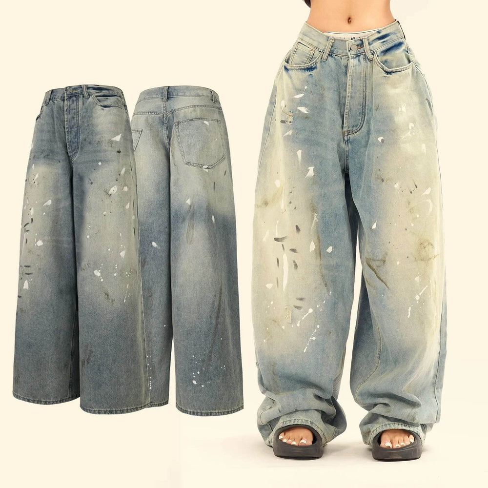 Washed Distressed Casual Loose Wide-leg Baggy Jeans Pant Splash-ink Design Slimming Unisex Style Mop Pants Men And Women - EX-STOCK Canada