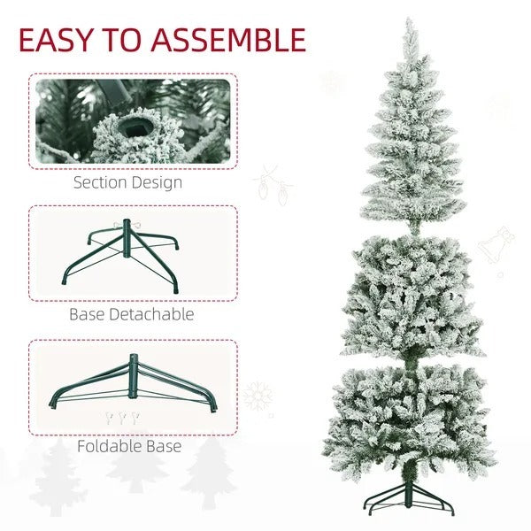 6ft Pencil Christmas Tree, Flocked Tree With 479 Branch Tips And Metal Base For Home, Indoor, Holiday EX-STOCK Canada 