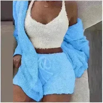 Winter Sexy Women Home Wear Suit Casual Pajamas Set Lady Female Soft Warm Long Sleeve Exposed Navel Vest Shorts Set - EX-STOCK CANADA