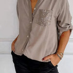 Casual Button-down Long Sleeve Shirt With Sequin Pocket Design Fashion Commuter Top Women Clothing - EX-STOCK CANADA