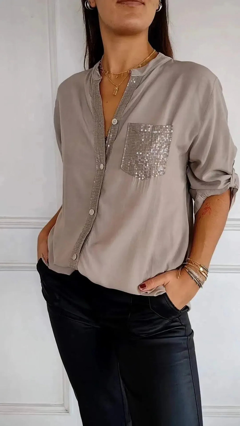 Casual Button-down Long Sleeve Shirt With Sequin Pocket Design Fashion Commuter Top Women Clothing - EX-STOCK CANADA