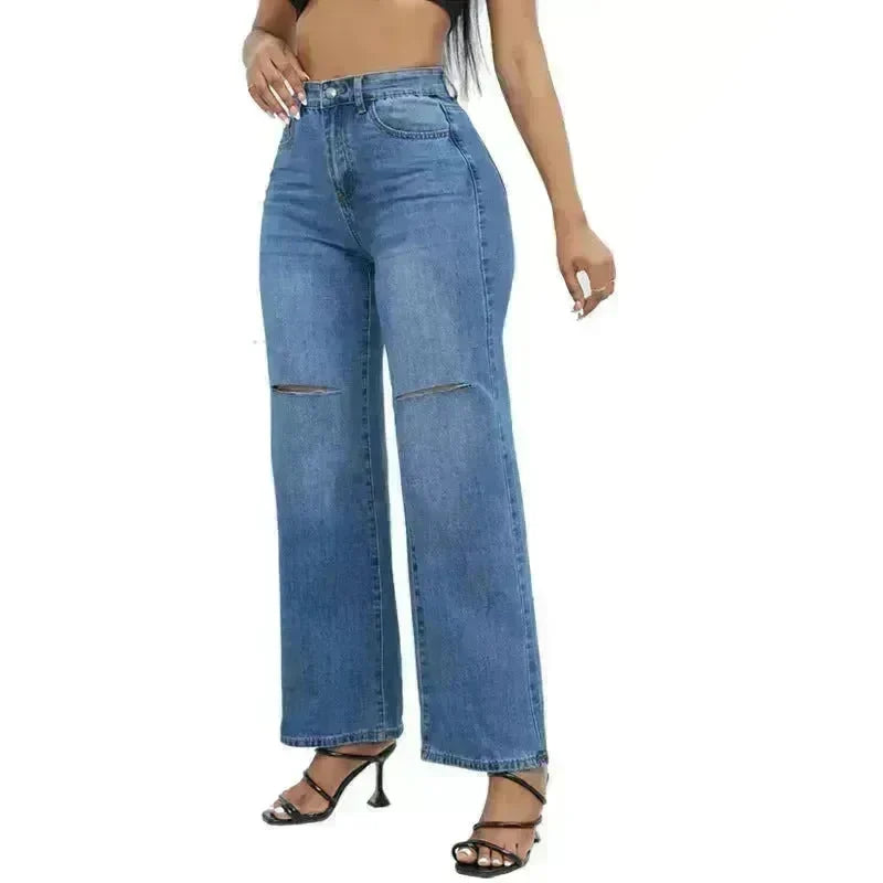 Elegant Ripped Wide-leg Baggy Jeans Pant Women - EX-STOCK CANADA