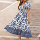 Puff Sleeve dress V Neck Blue Floral Bohemian Midi Dress EX-STOCK