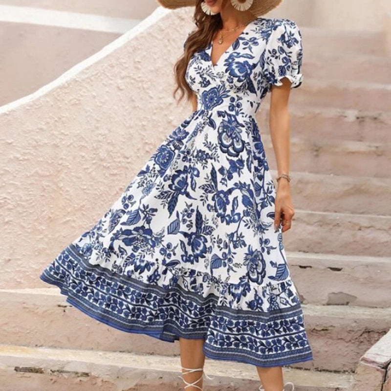 Puff Sleeve dress V Neck Blue Floral Bohemian Midi Dress EX-STOCK