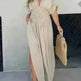 Fashion Bat-sleeved V-neck Slit Dress Summer Beach Short Sleeve Elastic Waist Split Long Dresses Womens Clothing - EX-STOCK CANADA