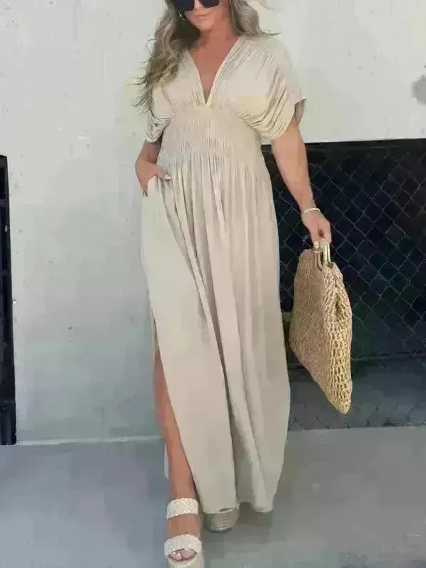Fashion Bat-sleeved V-neck Slit Dress Summer Beach Short Sleeve Elastic Waist Split Long Dresses Womens Clothing - EX-STOCK CANADA