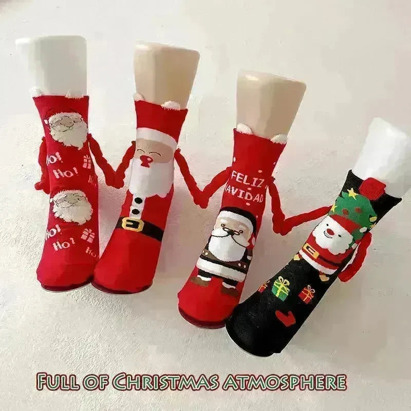 Christmas Magnetic Socks Cute Elk Santa Claus Snowman Hand-holding Socks For Couple - EX-STOCK CANADA