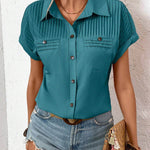 Lapel Shoulder Pleated Pocket Short Sleeve Top Shirt T-shirt Women - EX-STOCK Canada