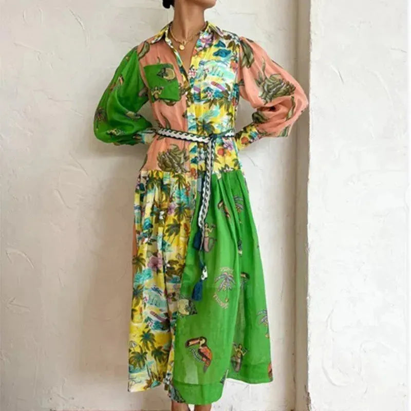 Print Holiday Women Beach Dress With Belts A-Line Long Lantern Sleeve Single Breasted Lapel Seaside Dresses Robe - EX-STOCK CANADA