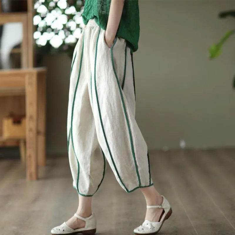 Summer Thin Striped Cotton And Linen Cropped trouser Pants For Women - EX-STOCK Canada