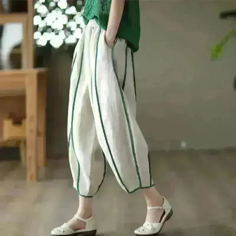 Summer Thin Striped Cotton And Linen Cropped trouser Pants For Women - EX-STOCK CANADA