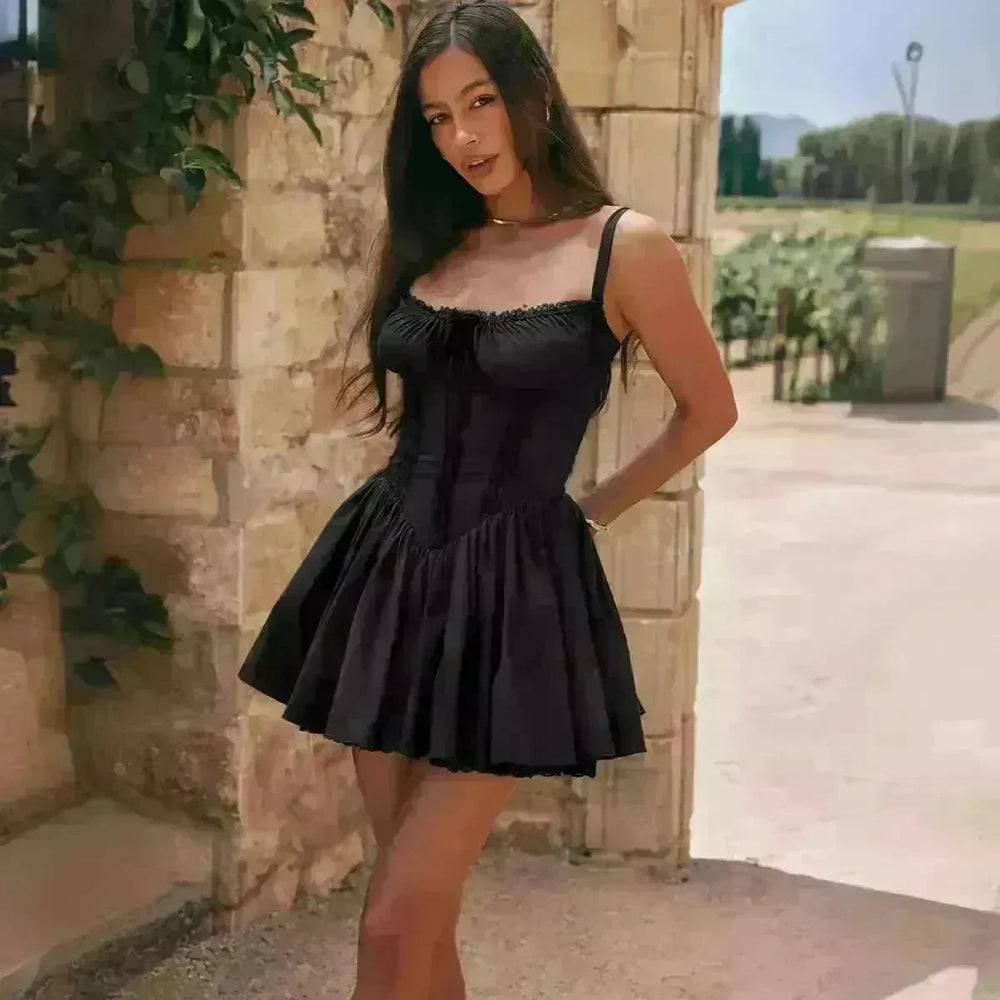Elegant Chic Women Suspender Mini Skater Dress Summer Fashion Lace-up Slim Waist Pleated Short Dresses For Evening Party Cocktail Occasions - EX-STOCK CANADA