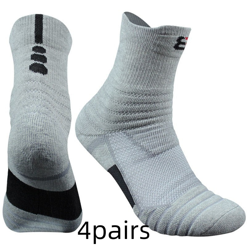Two gray socks with black accents on a white background, labeled '4 pairs'.