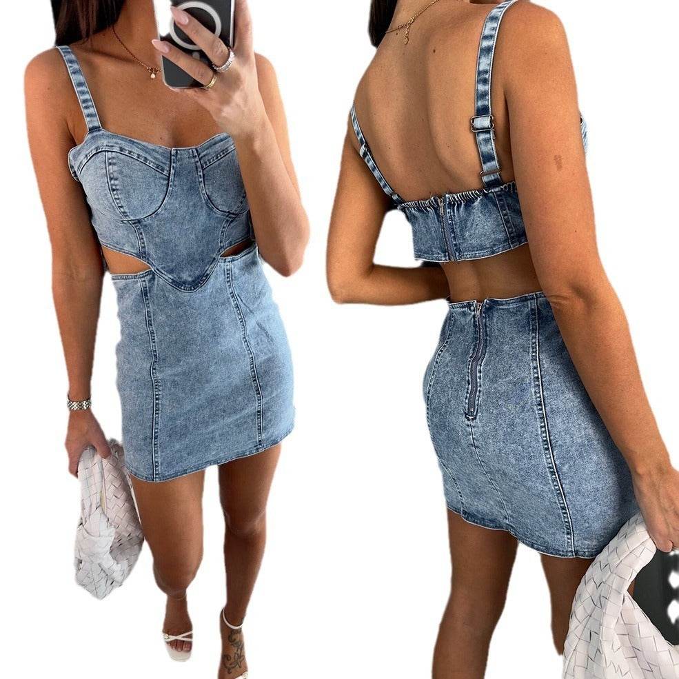 Women's Fashion Suspenders Backless Denim Dress - EX-STOCK Canada