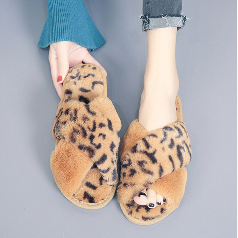 Cross-strap Fuzzy Slippers Leopard Plush House Shoes Flat Bedroom Slippers Slippers For Women EX-STOCK Canada 