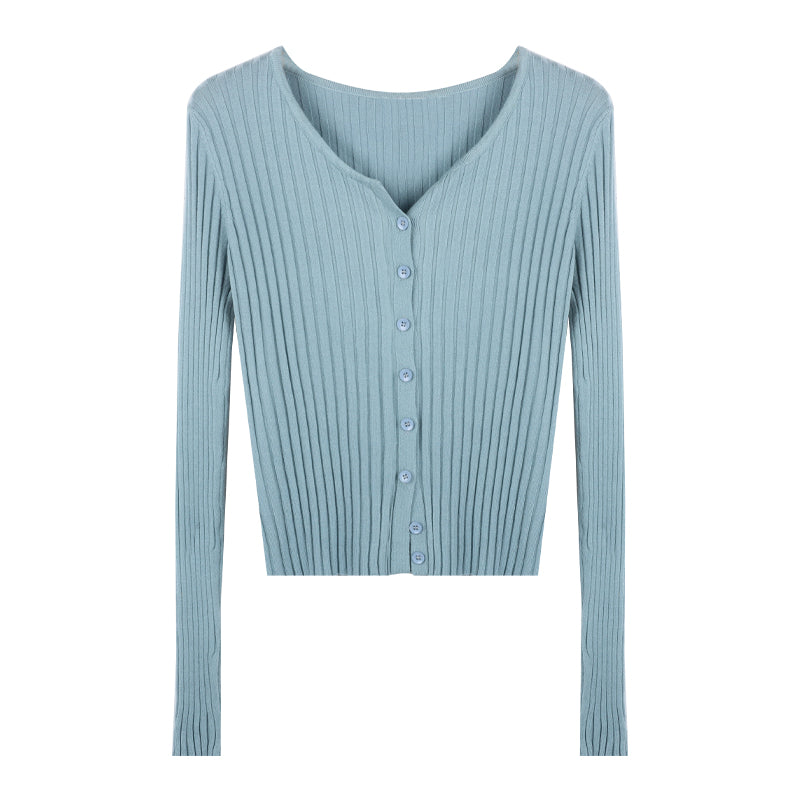 Light blue ribbed knit cardigan on a white background