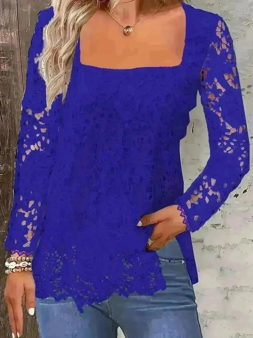 Fashionable Evening Top for Women Square Neck Long Sleeve Lace top Long Top for Women - EX-STOCK CANADA