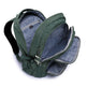 Green backpack with open compartments on a white background