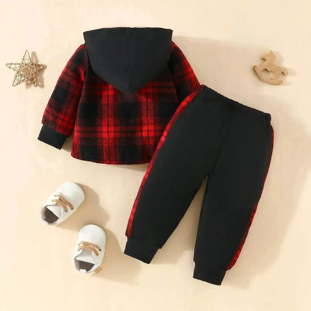 Toddler Baby Boy Classic Plaid Hooded Long Sleeve Shirt Contrast Color Trousers Suit Two piece for boys - EX-STOCK Canada