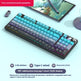 Mechanical keyboard with colorful keys on a light blue background, featuring text about connectivity options and features.