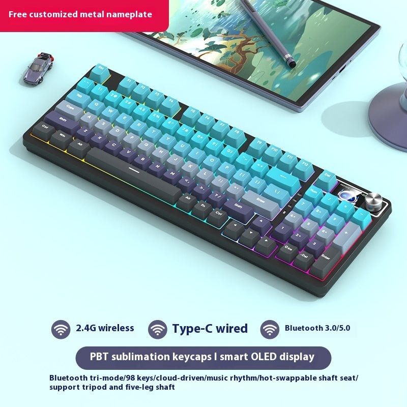 Mechanical keyboard with colorful keys on a light blue background, featuring text about connectivity options and features.