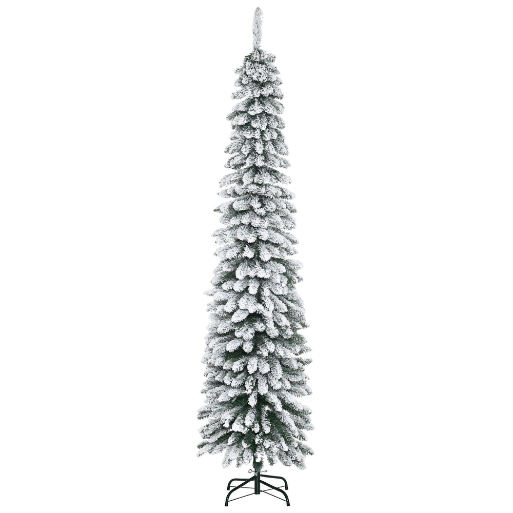 7ft Snow-Flocked Artificial Christmas Tree, Slim Pencil Xmas Tree With 490 Realistic Branches, Metal Base, Green EX-STOCK Canada 