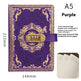 Purple notebook with gold lock design and specifications on a white background