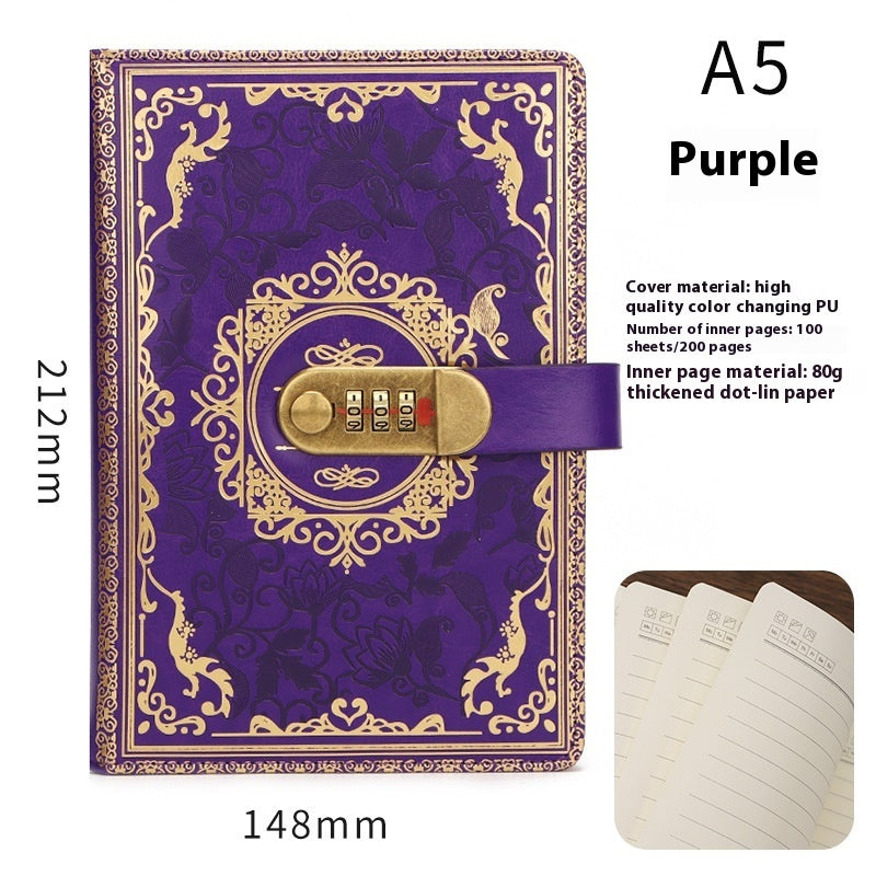 Purple notebook with gold lock design and specifications on a white background