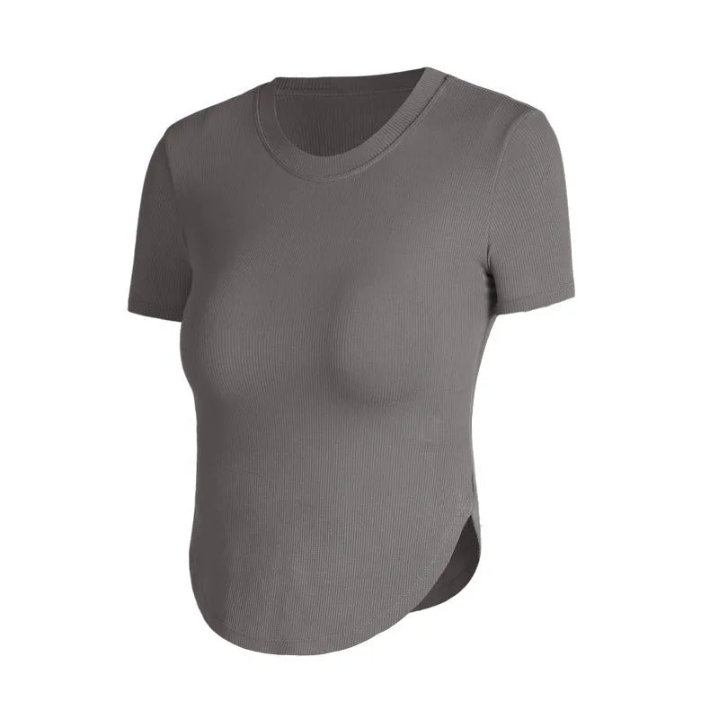 Rib Sports Short-sleeved Blouse With Chest Pad Workout Clothes Running T-shirt Beauty Back Tight - EX-STOCK CANADA