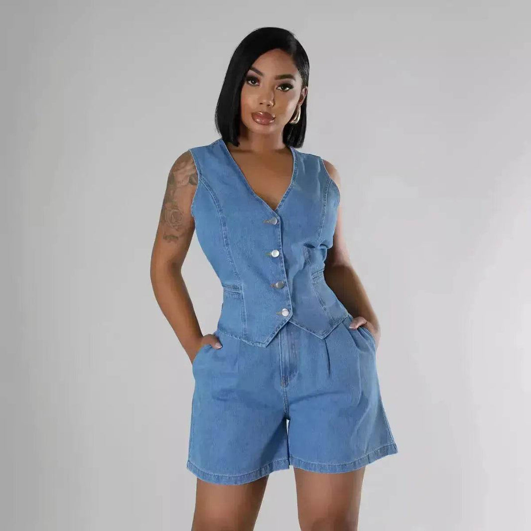 Fashion Casual Sleeveless High Waist Women's Denim Shorts Suit Denim 2 piece sets - EX-STOCK Canada