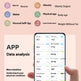 A promotional graphic for a health tracking app, showing a hand holding a smartphone with a fitness dashboard on screen against a pale pink background. The top half lists health metrics such as weight, body mass index, fat, muscle, water, visceral fat, bone density, metabolism, protein, obesity, and physical age with colored icons.