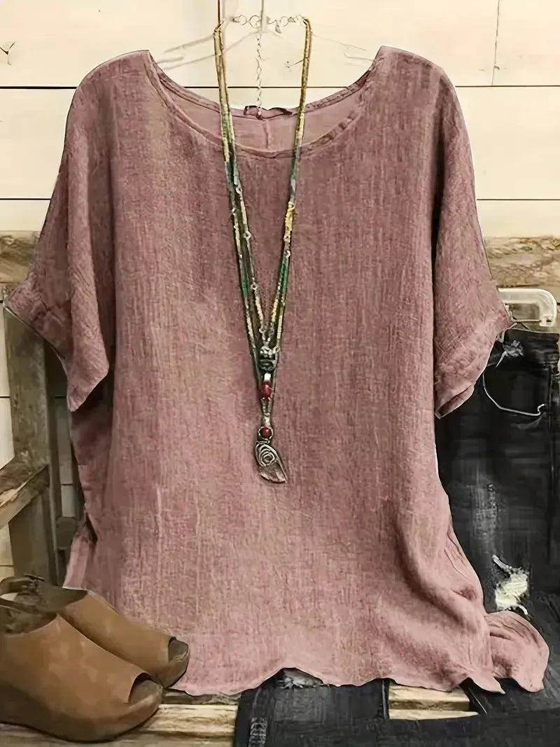 Women Fashion Casual blouse top 3/4 Sleeve Round Neck Blouses Summer Loose linen Tops Streetwear - EX-STOCK CANADA