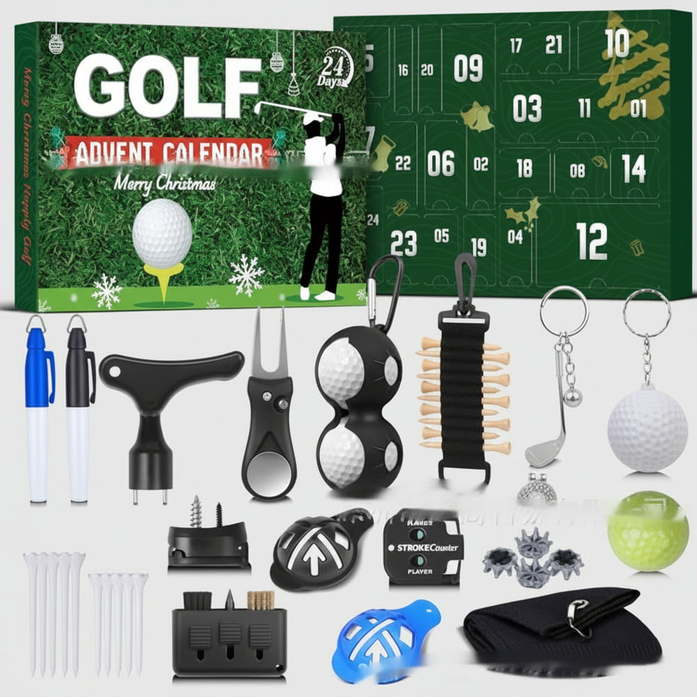Golf-themed Advent calendar with golf accessories on a green background