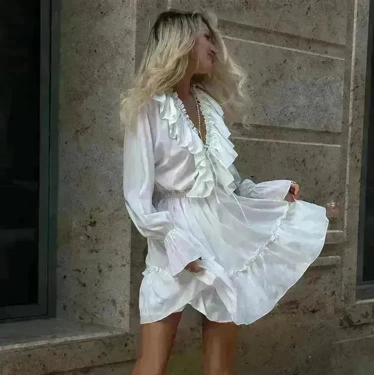 Casual Fashion V Neck Pleated Ruffle Long Sleeve Dress Y2K V Neck Flared Sleeve Short Mini Skater Dress Women's Clothing - EX-STOCK CANADA