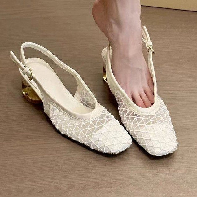 2025 French Retro Square Toe Mesh Hollow Block Heel Mary Jane Sandals For Women 
