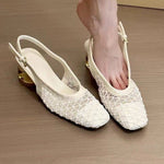 2025 French Retro Square Toe Mesh Hollow Block Heel Mary Jane Sandals For Women 