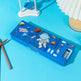 Blue pencil case with space-themed design on a blue background